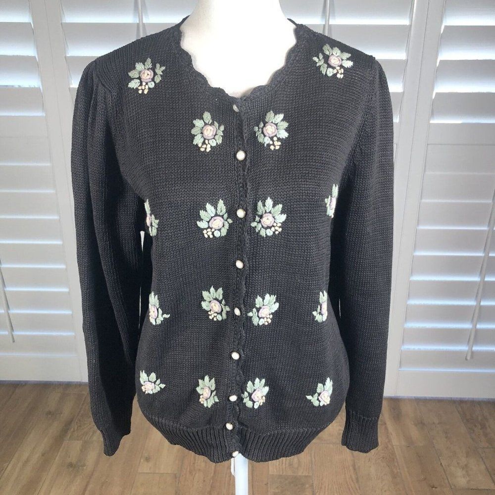 Vintage Charcoal Gray Cardigan Sweater L Ramie Cotton Embroidered Flowers Granny